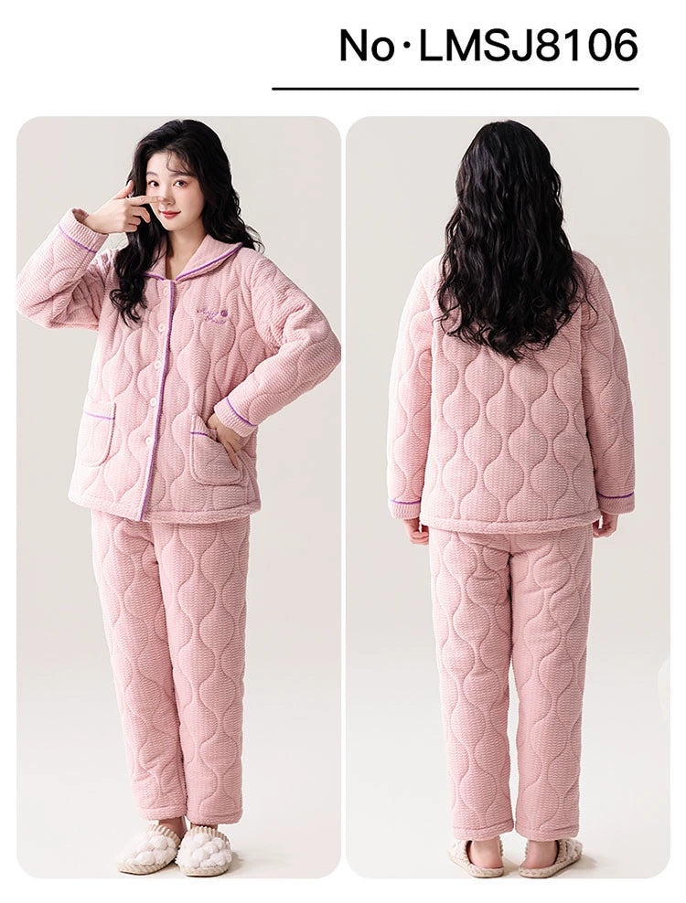 Fenteng Ke'an Coral Fleece Thickened Pajamas Women's Winter 2024 New Arrival Three Layers Thickened Fleece-lined Can Be Outerwear Homewear