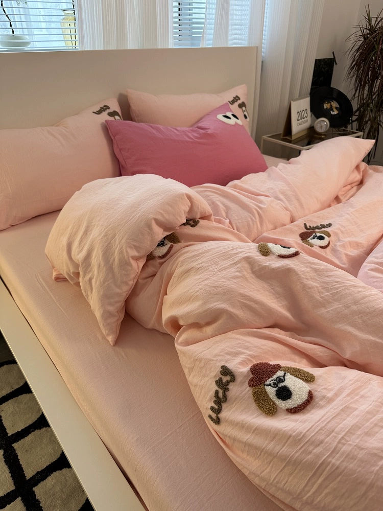 Young Adult Heart Embroidered Quilt Cover Washed Cotton Cozy Bedding