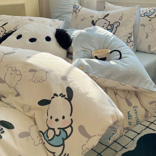 Sanrio Pacha Dog Cotton Bed Four-Piece Cartoon Pure Cotton Quilt Cover Boys and Girls Dormitory Bed Sheet Three-Piece Set