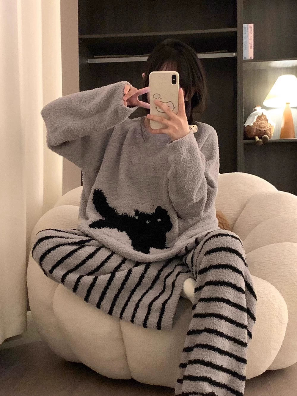 Gray Stripes Cat Winter Thickened Pajamas Women's 2024 New Arrival Fall and Winter Half Velvet plus Size Homewear Outwear