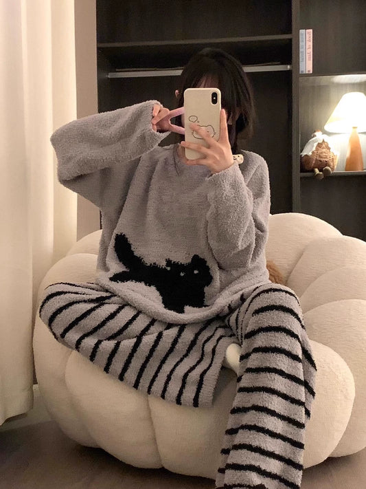 Gray Stripes Cat Winter Thickened Pajamas Women's 2024 New Arrival Fall and Winter Half Velvet plus Size Homewear Outwear