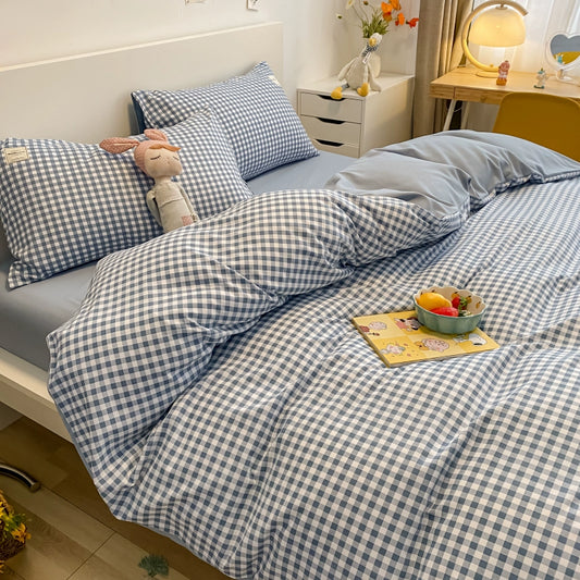 Japanese Washed Cotton Gingham Bedding  4-Piece Set Dormitory Comforter Sheet Set