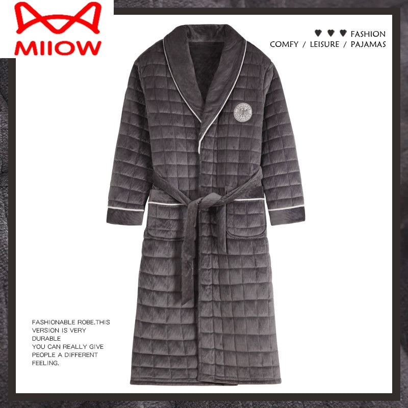 MiiOW Nightgown Men's Pajamas Winter Three-Layer Thickened Fleece Lined Long Winter Coral Fleece Quilted Bathrobe Fall and Winter