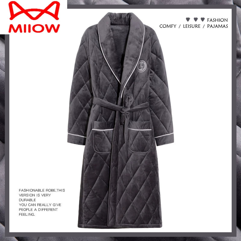 MiiOW Nightgown Men's Pajamas Winter Three-Layer Thickened Fleece Lined Long Winter Coral Fleece Quilted Bathrobe Fall and Winter