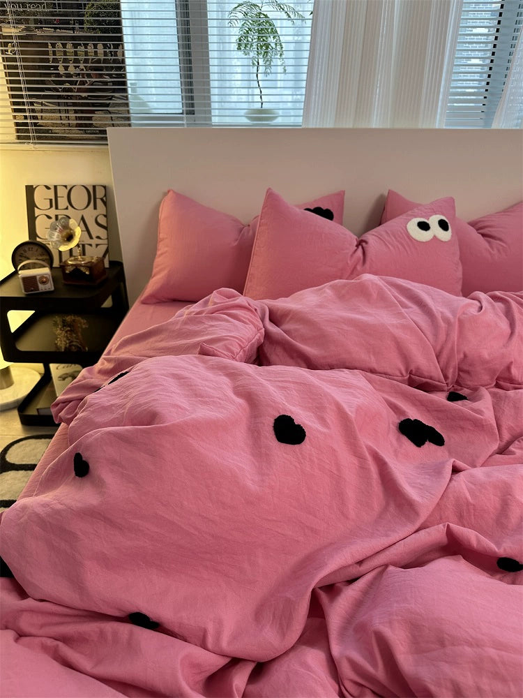 Young Adult Heart Embroidered Quilt Cover Washed Cotton Cozy Bedding