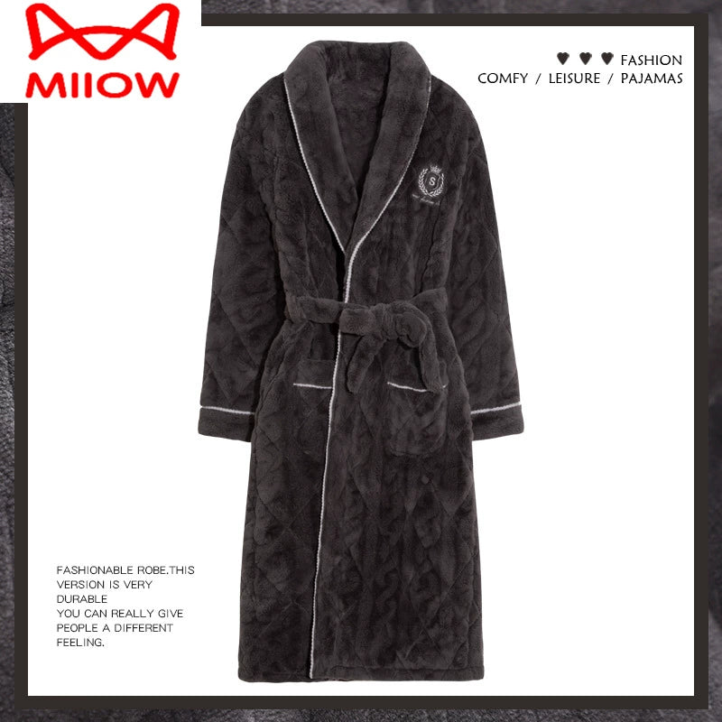 MiiOW Nightgown Men's Pajamas Winter Three-Layer Thickened Fleece Lined Long Winter Coral Fleece Quilted Bathrobe Fall and Winter
