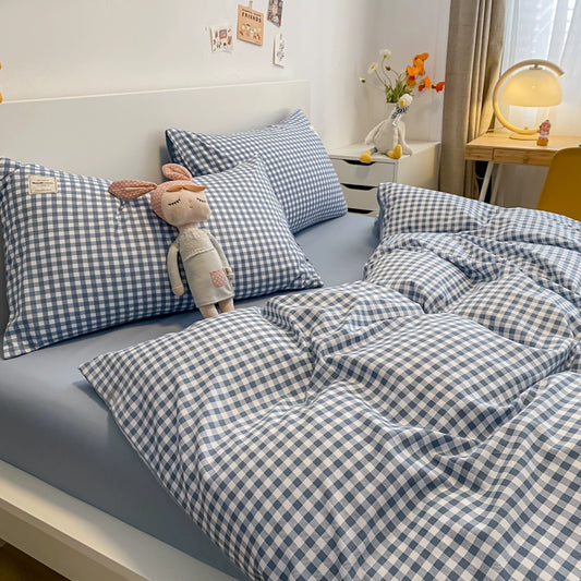 Japanese Washed Cotton Gingham Bedding  4-Piece Set Dormitory Comforter Sheet Set