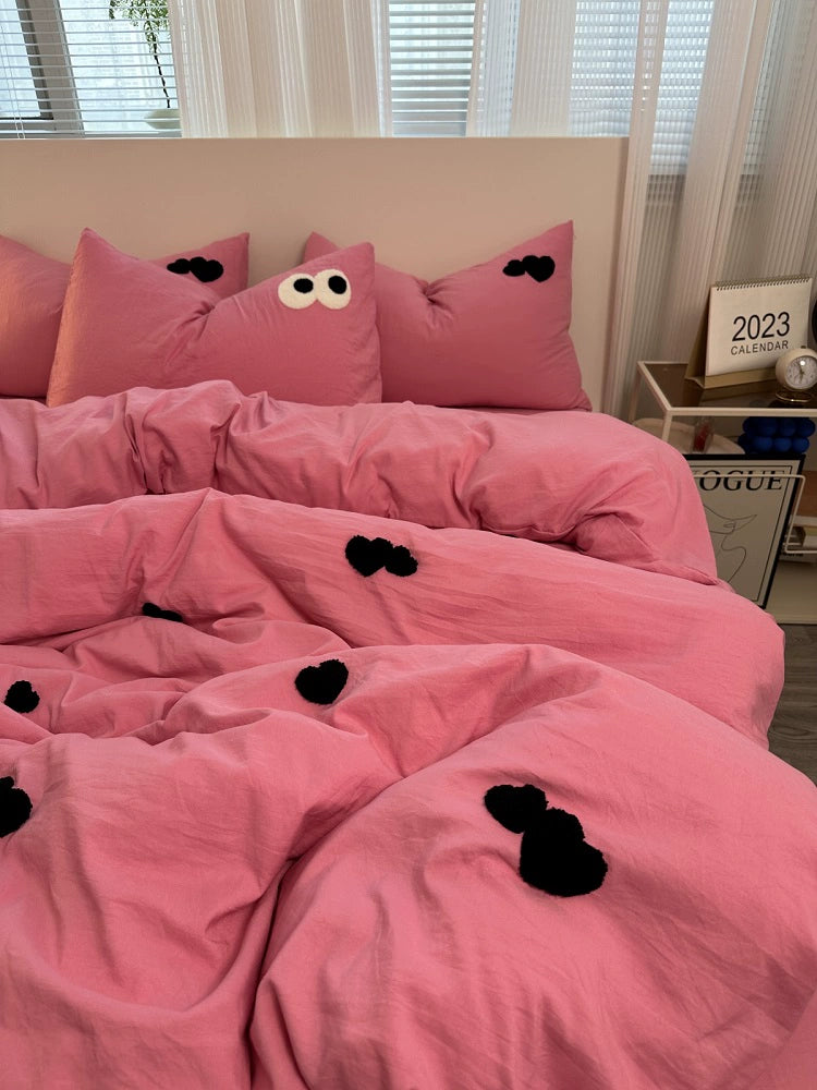 Young Adult Heart Embroidered Quilt Cover Washed Cotton Cozy Bedding