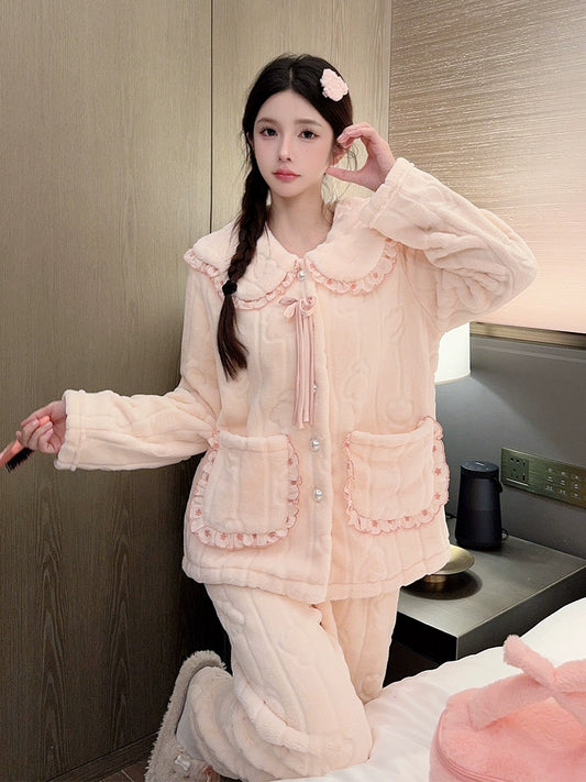 Pajamas Women's Autumn and Winter Coral Fleece Fleece-lined Thickened Warm Suit Cute Youth-Looking Princess Style Home Wear Can Be Outwear