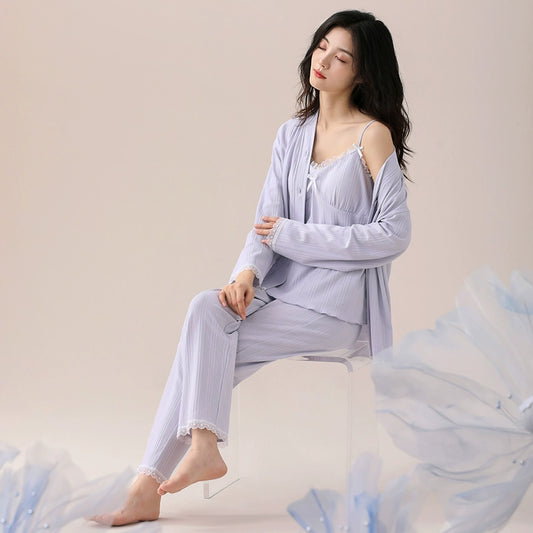 Ancient and Modern Women's Spring and Autumn New Three-Piece Set Pure Cotton Pajamas