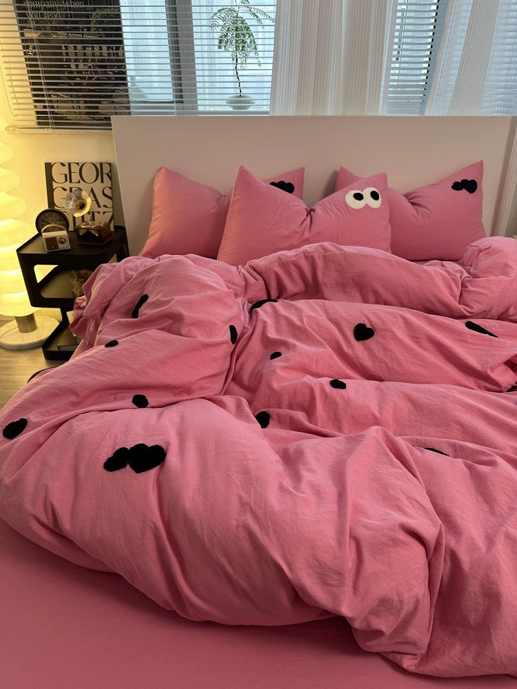 Young Adult Heart Embroidered Quilt Cover Washed Cotton Cozy Bedding