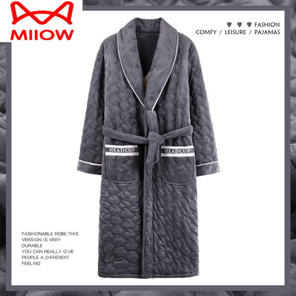 MiiOW Nightgown Men's Pajamas Winter Three-Layer Thickened Fleece Lined Long Winter Coral Fleece Quilted Bathrobe Fall and Winter