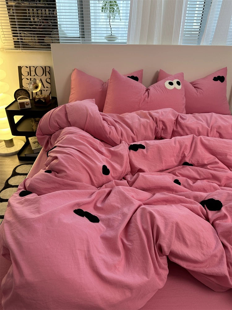 Young Adult Heart Embroidered Quilt Cover Washed Cotton Cozy Bedding