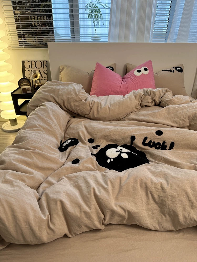 Young Adult Heart Embroidered Quilt Cover Washed Cotton Cozy Bedding