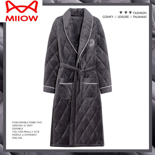 MiiOW Nightgown Men's Pajamas Winter Three-Layer Thickened Fleece Lined Long Winter Coral Fleece Quilted Bathrobe Fall and Winter