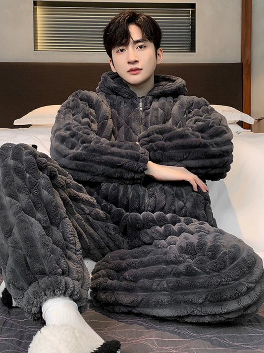 Hooded Gray Minimalist Coral Fleece Three-Layer Quilted Men Pajamas Winter Thickened Velvet Padded Warm Loungewear Suit