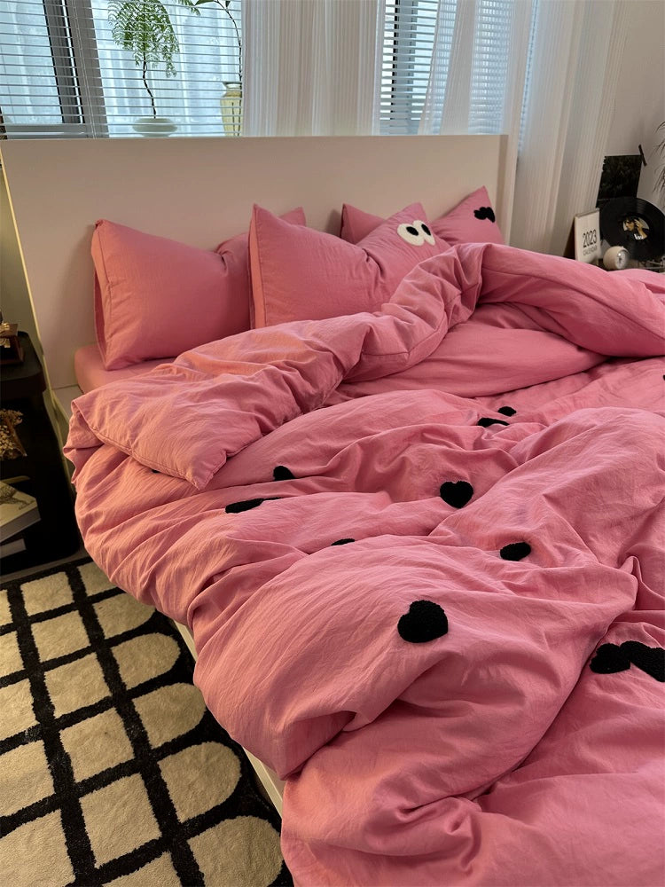 Young Adult Heart Embroidered Quilt Cover Washed Cotton Cozy Bedding