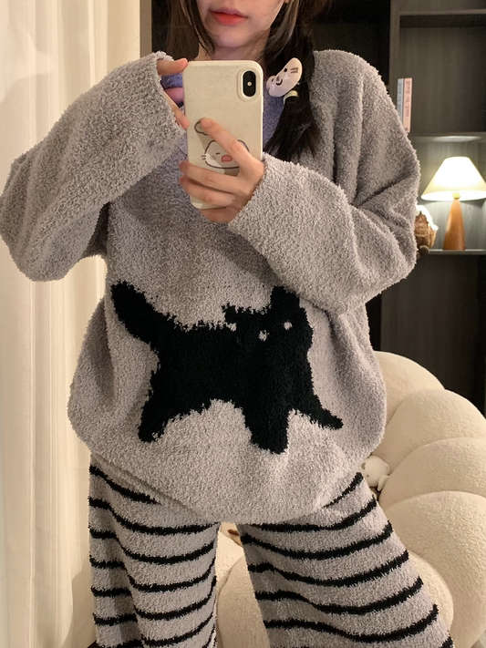 Gray Stripes Cat Winter Thickened Pajamas Women's 2024 New Arrival Fall and Winter Half Velvet plus Size Homewear Outwear