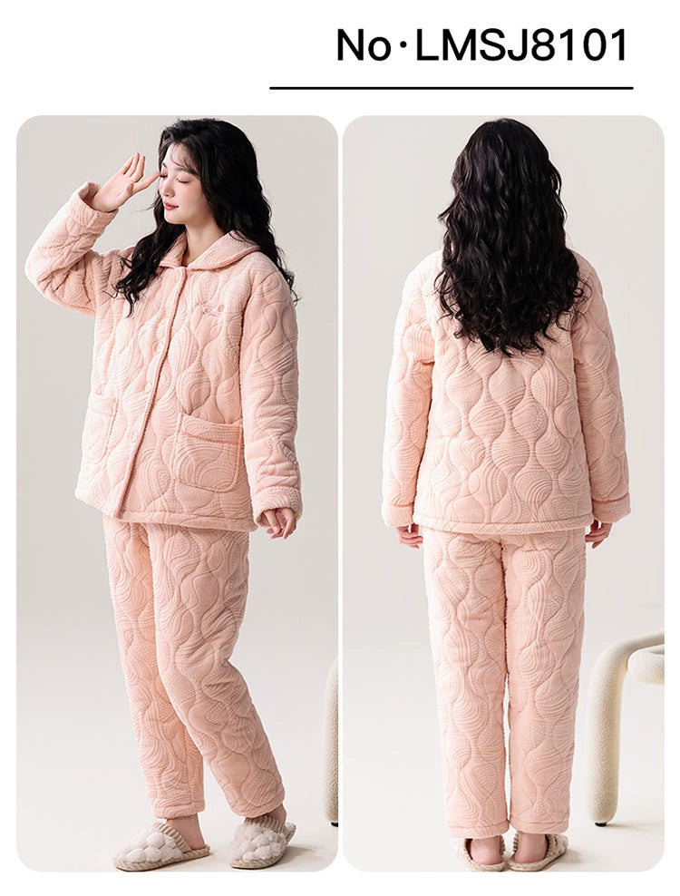 Fenteng Ke'an Coral Fleece Thickened Pajamas Women's Winter 2024 New Arrival Three Layers Thickened Fleece-lined Can Be Outerwear Homewear