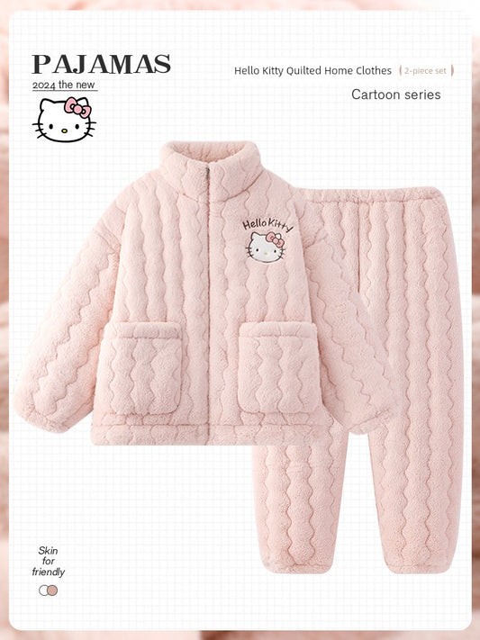 Winter Coral Fleece Pajamas Women's Cute Fleece-Lined Thickened Three-Layer Quilted Zipper 2024 New Homewear Suit