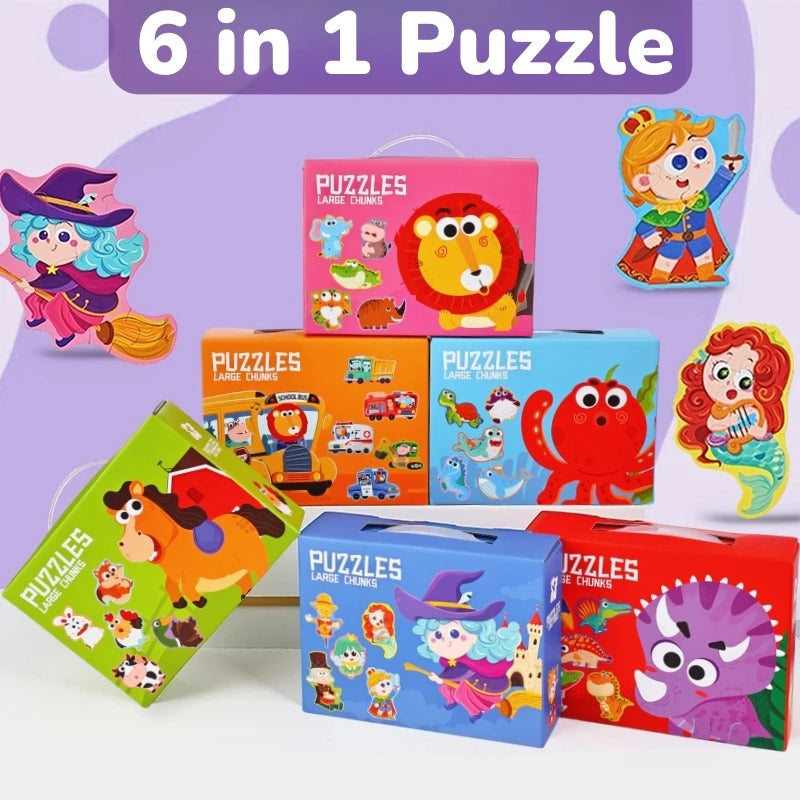 Six-In-One Puzzle Gift Box, Kidsren's Early Education Educational Toys for Beginners, Advanced Difficulty Puzzles, Fairy Tales, Animals, Ocean, Transportation, Dinosaur Multi-Theme Fun Interactive Activity Games, Gifts for Bo