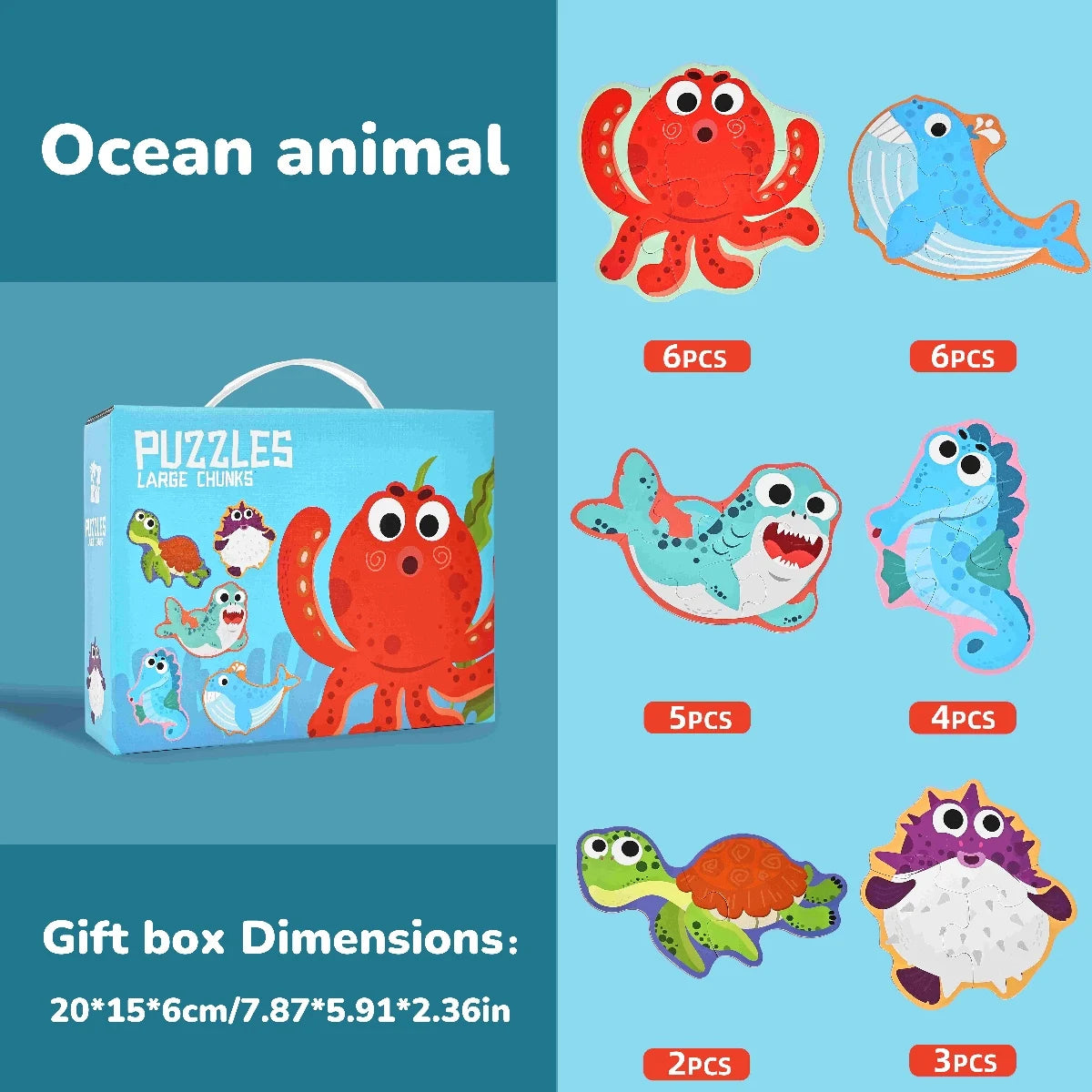 Six-In-One Puzzle Gift Box, Kidsren's Early Education Educational Toys for Beginners, Advanced Difficulty Puzzles, Fairy Tales, Animals, Ocean, Transportation, Dinosaur Multi-Theme Fun Interactive Activity Games, Gifts for Bo