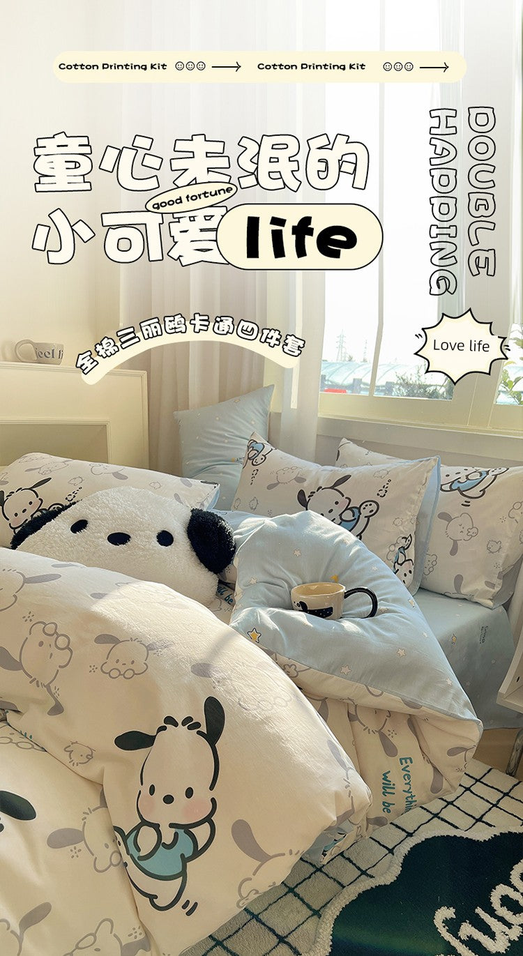 Sanrio Pacha Dog Cotton Bed Four-Piece Cartoon Pure Cotton Quilt Cover Boys and Girls Dormitory Bed Sheet Three-Piece Set