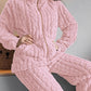 Thickened Warm 2Pcs Pajamas Set Jacquard Textured Stand Collar Zip Up Fuzzy Teddy Top & Pants Set Striped Nightwear Loungewear