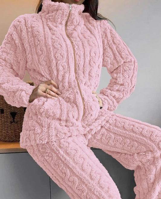 Thickened Warm 2Pcs Pajamas Set Jacquard Textured Stand Collar Zip Up Fuzzy Teddy Top & Pants Set Striped Nightwear Loungewear