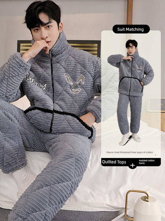 Coral Fleece Winter Pajamas Boys Three-Layer Quilted over Fleece Lined Padded Warm Keeping Men New Homewear Can Be Outwear