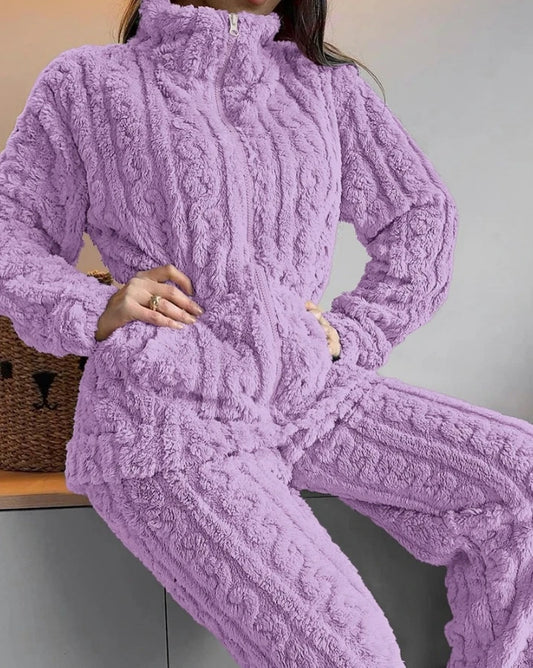 Thickened Warm 2Pcs Pajamas Set Jacquard Textured Stand Collar Zip Up Fuzzy Teddy Top & Pants Set Striped Nightwear Loungewear