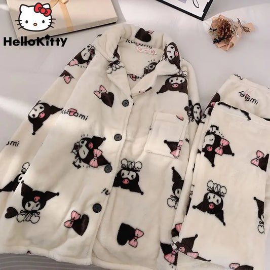 Sanrio Kuromi Plush Home Clothes Y2k Cartoon Soft Flannel Cardigan Top Pants 2 Piece Set Women Cute Pajamas Suit Sweet Sleepwear