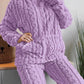 Thickened Warm 2Pcs Pajamas Set Jacquard Textured Stand Collar Zip Up Fuzzy Teddy Top & Pants Set Striped Nightwear Loungewear