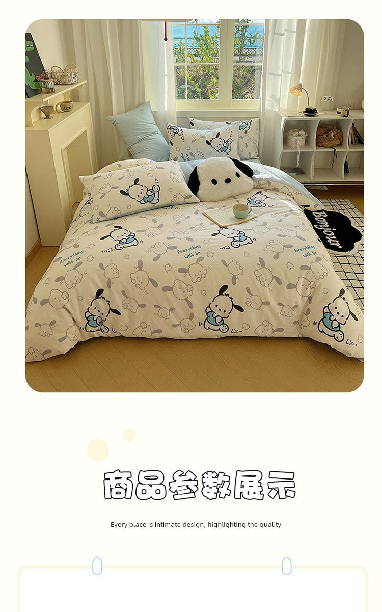 Sanrio Pacha Dog Cotton Bed Four-Piece Cartoon Pure Cotton Quilt Cover Boys and Girls Dormitory Bed Sheet Three-Piece Set
