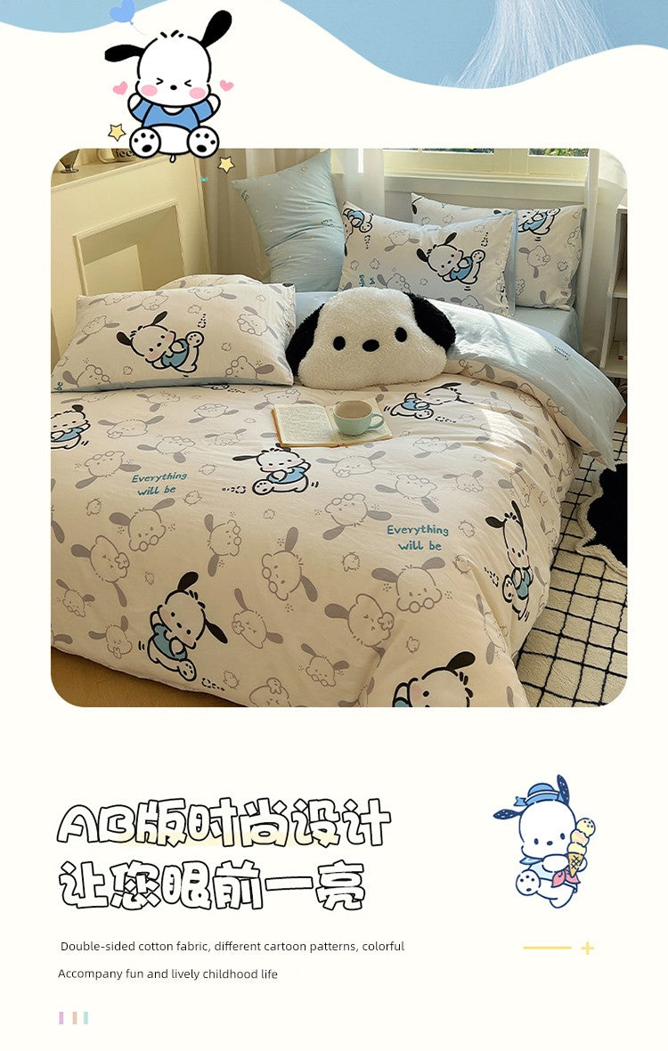 Sanrio Pacha Dog Cotton Bed Four-Piece Cartoon Pure Cotton Quilt Cover Boys and Girls Dormitory Bed Sheet Three-Piece Set