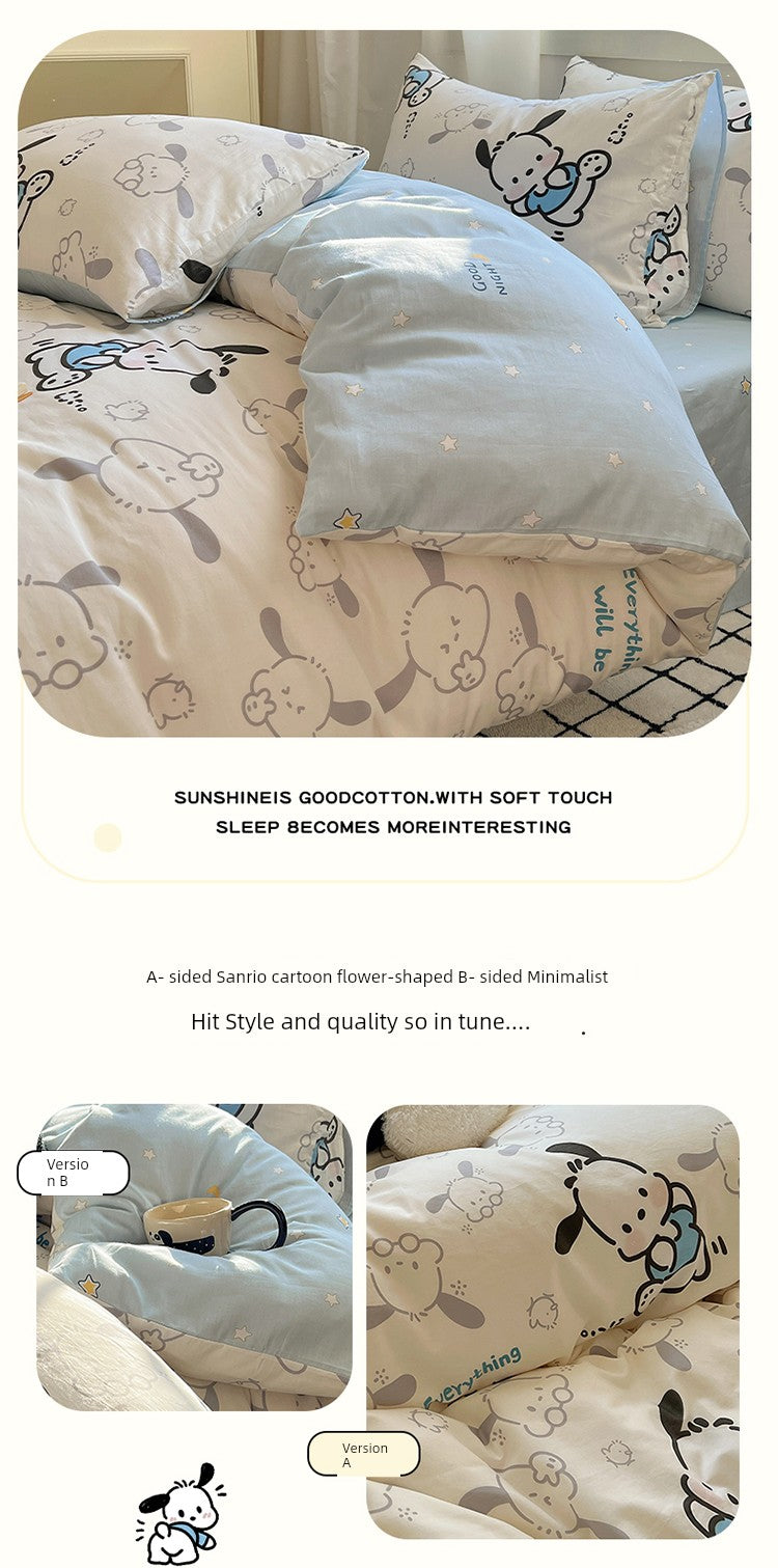 Sanrio Pacha Dog Cotton Bed Four-Piece Cartoon Pure Cotton Quilt Cover Boys and Girls Dormitory Bed Sheet Three-Piece Set