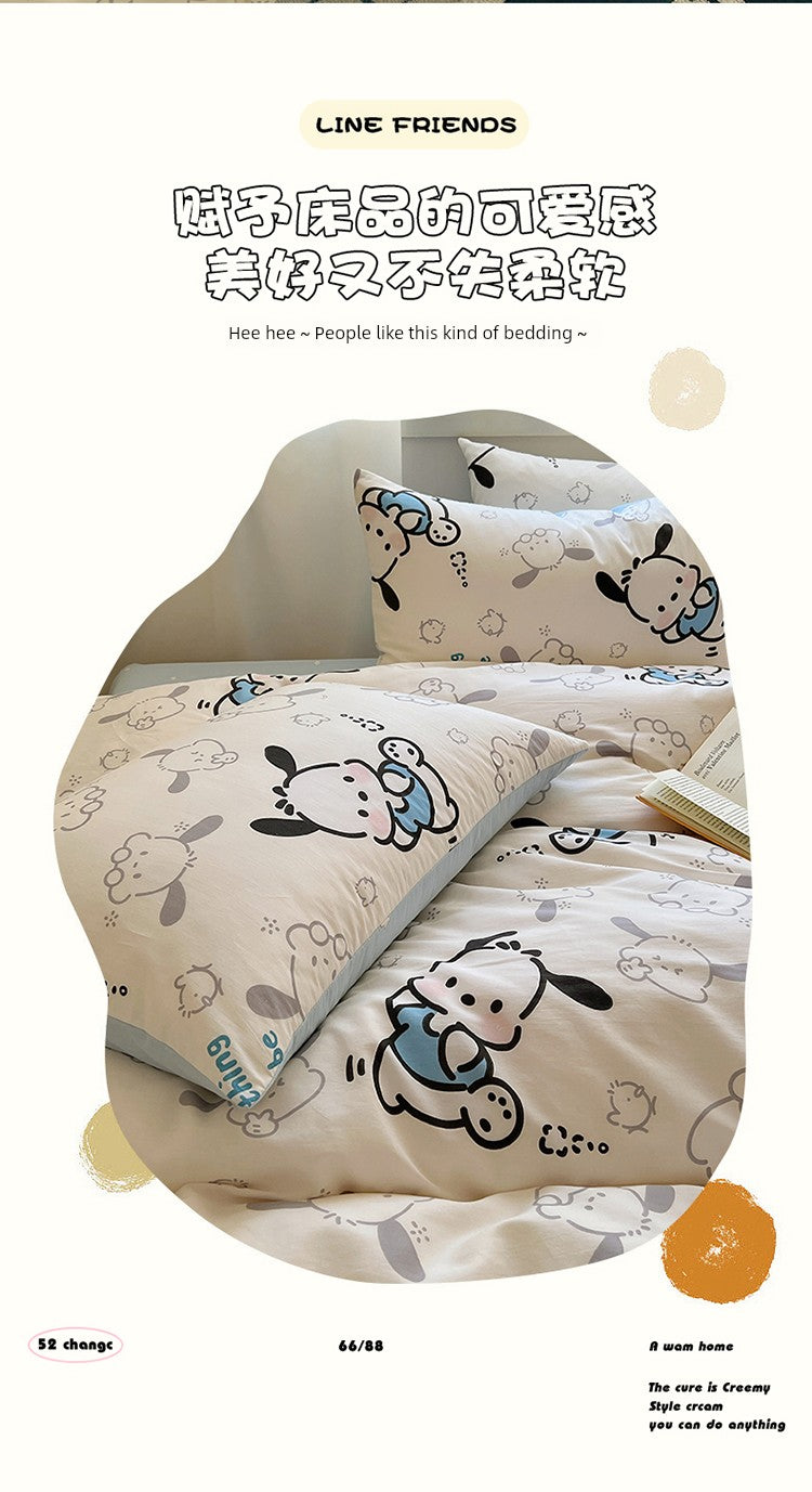 Sanrio Pacha Dog Cotton Bed Four-Piece Cartoon Pure Cotton Quilt Cover Boys and Girls Dormitory Bed Sheet Three-Piece Set