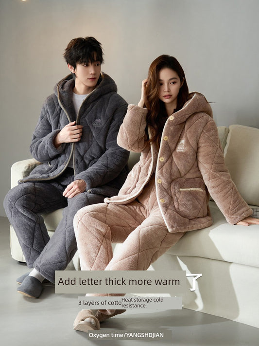 Coral Fleece Three-Layer Quilted Couple Pajamas 2024 Winter Loose Thickening Keep Warm Men's and Women's Homewear Casual Suit