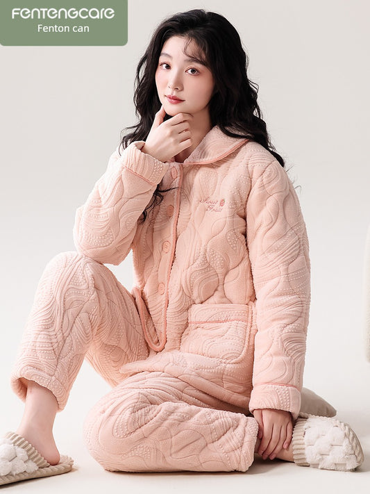 Fenteng Ke'an Coral Fleece Thickened Pajamas Women's Winter 2024 New Arrival Three Layers Thickened Fleece-lined Can Be Outerwear Homewear