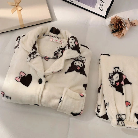 Sanrio Kuromi Plush Home Clothes Y2k Cartoon Soft Flannel Cardigan Top Pants 2 Piece Set Women Cute Pajamas Suit Sweet Sleepwear