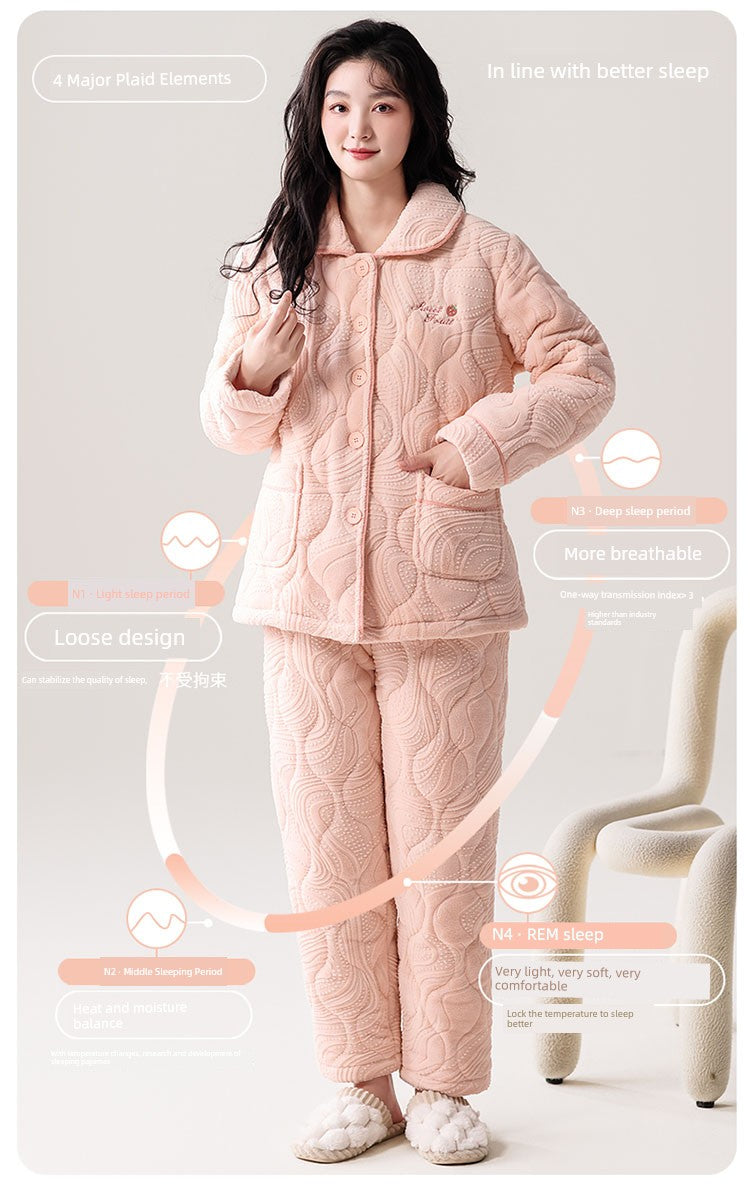 Fenteng Ke'an Coral Fleece Thickened Pajamas Women's Winter 2024 New Arrival Three Layers Thickened Fleece-lined Can Be Outerwear Homewear