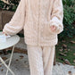 Thickened Warm 2Pcs Pajamas Set Jacquard Textured Stand Collar Zip Up Fuzzy Teddy Top & Pants Set Striped Nightwear Loungewear