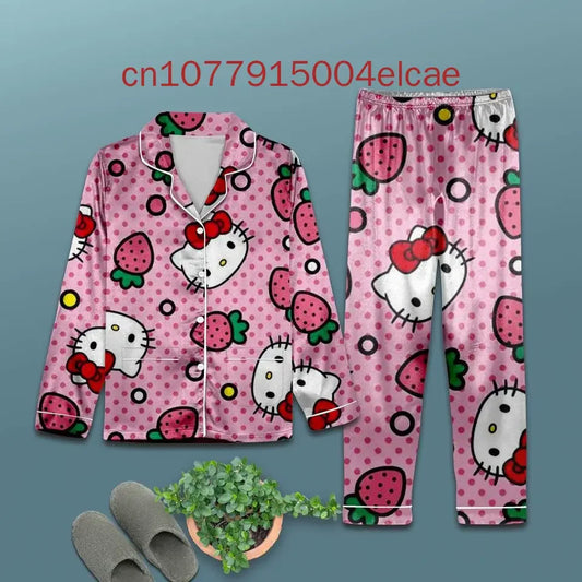 Hello Kitty Christmas Pajamas Set 3D Printed Casual Men's and Women's Long Sleeve Shirt Pajama Set