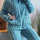 Thickened Warm 2Pcs Pajamas Set Jacquard Textured Stand Collar Zip Up Fuzzy Teddy Top & Pants Set Striped Nightwear Loungewear